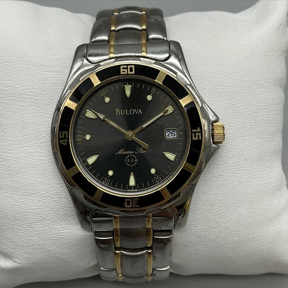 Bulova Marine Star Mens Watch 37mm 98G05 Two Tone Diver Date New Battery 7.5